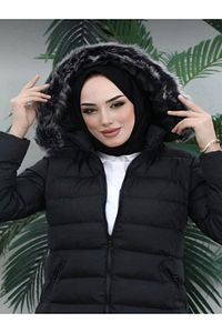 Siyah Kadın Modest Kapüşonlu Fermuarlı Tesettür Şişme Mont ürün fotoğrafı