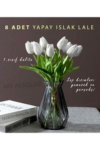 Yapay 8 Li Islak Lale Buketi Gerçeksi Doku Beyaz - Yapay Lale 32 Cm 8 Adet ürün fotoğrafı