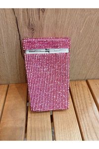 Pembe Taşlı Slim (İnce) Uzun Metal Sigara Kutusu ürün fotoğrafı