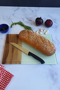 Kanallı Cam Kesme Tahtası - Cam Kesme Tablası | Kenarı Ahşap Desenli | 25cm X 35cm | Patentli Ürün ürün fotoğrafı