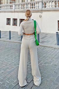 Bej Yarım Balıkçı Örgü Crop Kazak Pantolon Triko Alt-üst Takım ürün fotoğrafı