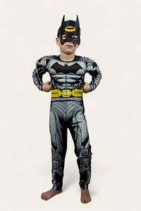 Batman Kaslı Çocuk Kostümü Siyah Pelerinli Maskeli Süper kahraman Kaslı Kostümü ürün fotoğrafı