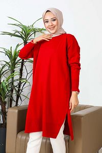 Bordo Bisiklet Yaka Merserize Salaş Triko Tunik ürün fotoğrafı
