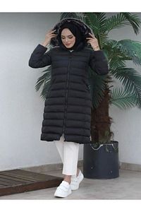 Siyah Kadın Modest Kapüşonlu Fermuarlı Tesettür Şişme Mont ürün fotoğrafı