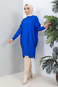 Saks Mavi Bisiklet Yaka Merserize Salaş Triko Tunik ürün fotoğrafı