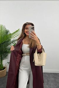Kadın Bordo Kuşaklı Vegan Deri Trençkot Bordo Pardesü ürün fotoğrafı