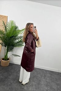 Kadın Bordo Kuşaklı Vegan Deri Trençkot Bordo Pardesü ürün fotoğrafı