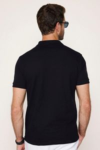 Erkek Slim Fit Dar Kesim Pamuklu Yumuşak Doku Nefes Alan Kumaş Kıvrılmaz Yaka Siyah Polo Yaka Tişört ürün fotoğrafı