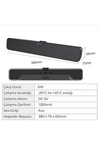 Ds102 Kablolu Usb/aux 6w Soundbar Taşınabilir Stereo Hoparlör Siyah ürün fotoğrafı