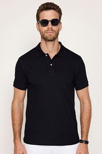 Erkek Slim Fit Dar Kesim Pamuklu Yumuşak Doku Nefes Alan Kumaş Kıvrılmaz Yaka Siyah Polo Yaka Tişört ürün fotoğrafı
