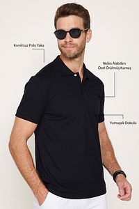 Erkek Slim Fit Dar Kesim Pamuklu Yumuşak Doku Nefes Alan Kumaş Kıvrılmaz Yaka Siyah Polo Yaka Tişört ürün fotoğrafı