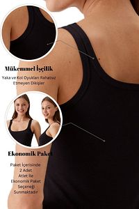 2'li Ekonomik Paket Siyah 1025 Kare Yaka Kalın Askılı Basic Pamuklu Atlet Set ürün fotoğrafı