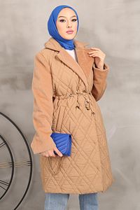 Koyu Camel Kruvaze Yaka Kapitone Mont ürün fotoğrafı