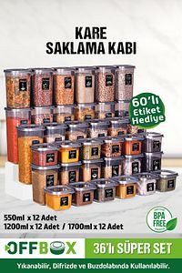 36 Adet 72 Parça 0,55-1,2-1,7 Litre Kare Erzak Bakliyat Saklama Kabı Seti 60 Etiket Hediyeli ürün fotoğrafı