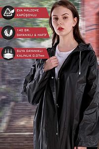 Su Geçirmez Yağmurluk Kadın-erkek Çıtçıtlı Kapüşonlu Eva Siyah ürün fotoğrafı