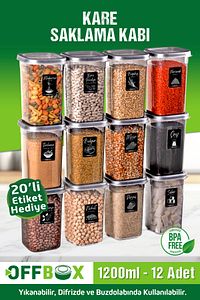 12 Adet 24 Parça 1,2 Litre Kare Erzak Bakliyat Saklama Kabı Seti Baharatlık 20 Adet Etiket Hediyeli ürün fotoğrafı