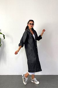 Su Geçirmez Yağmurluk Kadın-erkek Çıtçıtlı Kapüşonlu Eva Siyah ürün fotoğrafı