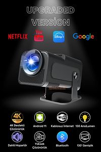 Upgrade Android Taşınabilir Sinema Projeksiyon Wifi Destekli En Güncel Sürüm Akıllı Projektör Siyah ürün fotoğrafı