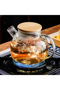Isıya Dayanıklı Borosilikat Süzgeçli Cam Demlik (1000ML) Vakumlu Bambu-metal Kapak, Teapot ürün fotoğrafı