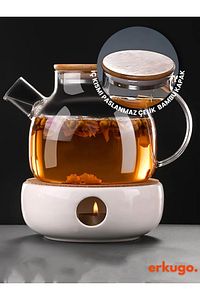 Isıya Dayanıklı Borosilikat Süzgeçli Cam Demlik (1000ML) Vakumlu Bambu-metal Kapak, Teapot ürün fotoğrafı
