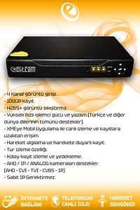 4 Kameralı Kare 4 Dış Kamera Set 250 Gb Hdd Full Hd Gece Görüşlü Güvenlik Kamerası Sistemi ürün fotoğrafı