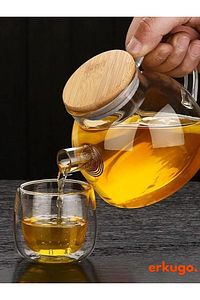 Isıya Dayanıklı Borosilikat Süzgeçli Cam Demlik (1000ML) Vakumlu Bambu-metal Kapak, Teapot ürün fotoğrafı