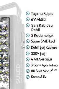 Kamp Lambası 6v Akülü 80 Saat - 3gün Aydınlatma 24 Smd Led Işıldak Lamba 220v Şarj ürün fotoğrafı