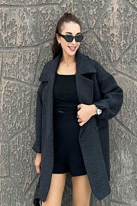 Kadın Antrasit Balık Sırtı Desenli Kaşe Kaban ürün fotoğrafı