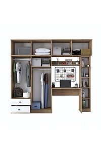 Rani Ba122 Geniş Gardırop Elbise Dolabı + Çalışma Masası + Kitaplık Sepet Ceviz - Beyaz 216 X 240 Cm ürün fotoğrafı