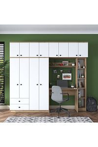 Rani Ba122 Geniş Gardırop Elbise Dolabı + Çalışma Masası + Kitaplık Sepet Ceviz - Beyaz 216 X 240 Cm ürün fotoğrafı