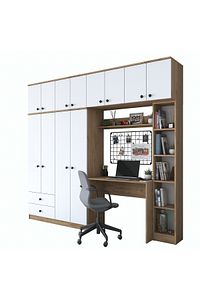Rani Ba122 Geniş Gardırop Elbise Dolabı + Çalışma Masası + Kitaplık Sepet Ceviz - Beyaz 216 X 240 Cm ürün fotoğrafı