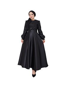 Kadın Giyim Abiye Moda Pul Detaylı Saten Abiye 2537 Siyah ürün fotoğrafı