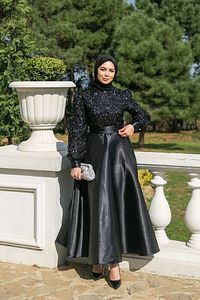 Kadın Giyim Abiye Moda Pul Detaylı Saten Abiye 2537 Siyah ürün fotoğrafı