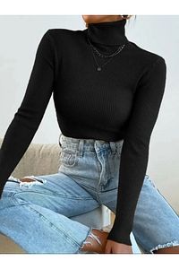 Unisex Gece Siyahı Pamuklu Balıkçı Yaka Şardonlu Slimfit Boğazlı Kazak ürün fotoğrafı
