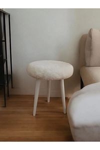 Neta Home Ahşap Ayak Dekoratif Beyaz Peluş Puf Tabure Bench Yuvarlak Koltuk Sandalye ürün fotoğrafı