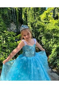 Frozen Elsa Karlar Ülkesi Kraliçesi Askılı Eldivenli Simli Kız Çocuk Mavi Elbise ürün fotoğrafı