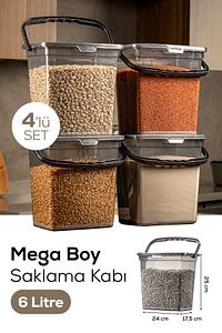 Mega Boy 4'lü Kare Un Bakliyat Kabı 6 Litre - Kulplu Deterjanlık Saklama Kutusu Kabı Antrasit ürün fotoğrafı