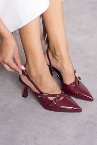 Kadın Bordo Rugan Biyana Model Çift Bantlı Toka Detaylı Açık Abiye Stiletto Klasik Topuklu Ayakkabı ürün fotoğrafı