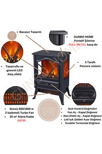 3 Tarafı Camlı Panaromik Soba Elektrikli Şömine 1800 W Elektrikli Soba Bacasız Şömine ürün fotoğrafı