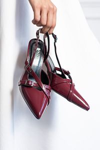 Kadın Bordo Rugan Biyana Model Çift Bantlı Toka Detaylı Açık Abiye Stiletto Klasik Topuklu Ayakkabı ürün fotoğrafı