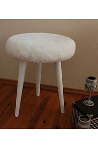 Neta Home Ahşap Ayak Dekoratif Beyaz Peluş Puf Tabure Bench Yuvarlak Koltuk Sandalye ürün fotoğrafı