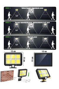 120 Cob Led 4,70 Mt Kablolu Solar Panel Güneş Enerjili Kumandalı 3 Mod Duvar Lambası ürün fotoğrafı