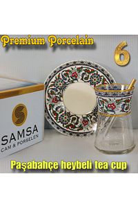 Heybeli Altın Bitkisel Desenli Çini Motifli Porselen Tabak, Cam Bardak 6 Kişilik Çay Seti ürün fotoğrafı