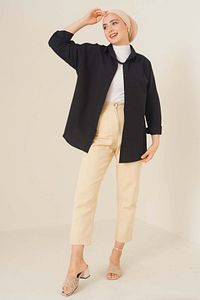 103901 Oversize Basic Tesettür Gömlek - Siyah ürün fotoğrafı