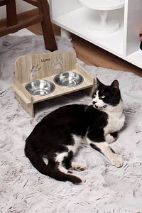 Ahşap Özel İsim Baskılı, Kare Kedi Köpek Mama Su Kabı Standı, Metal Suluk, Kedi Köpek Halısı ürün fotoğrafı