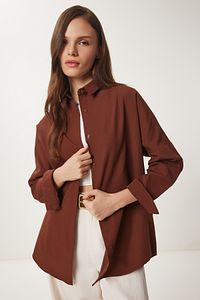 Kadın Çikolata Oversize Uzun Basic Gömlek  DD00842 ürün fotoğrafı