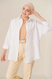 103901 Oversize Basic Tesettür Gömlek - Beyaz ürün fotoğrafı