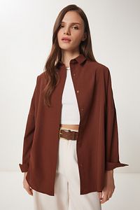 Kadın Çikolata Oversize Uzun Basic Gömlek  DD00842 ürün fotoğrafı