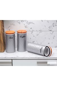 3'lü Set Metal Çay Kahve Şeker Saklama Kabı Kavanoz Vakum Kapaklı - Gri ürün fotoğrafı