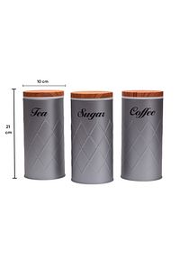 3'lü Set Metal Çay Kahve Şeker Saklama Kabı Kavanoz Vakum Kapaklı - Gri ürün fotoğrafı
